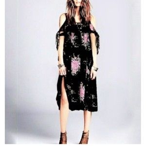 Free People Dress Womens Small Black Floral Midi Tied To You Flowy Boho Chiffon